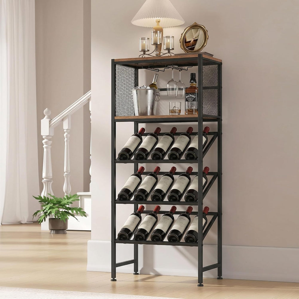 3-Tier Wine Rack Freestanding Floor with Glass & Storage Racks | Space-sa...