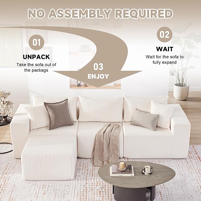 107.4" Cloud Couch Sectional, Modular Sofa with Deep Seat, Plush Corduroy L Shaped Boneless Couch, Convertible Sectional Couches for Living Room, 4Seat, Beige