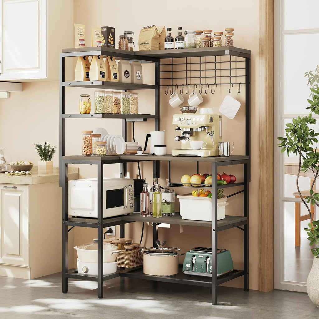 L-Shaped Bakers Rack with Power Outlet, 6-Tier Microwave Stand with Storage, Coffee Bar, Kitchen Shelf with Wire Basket, Hooks, Grey