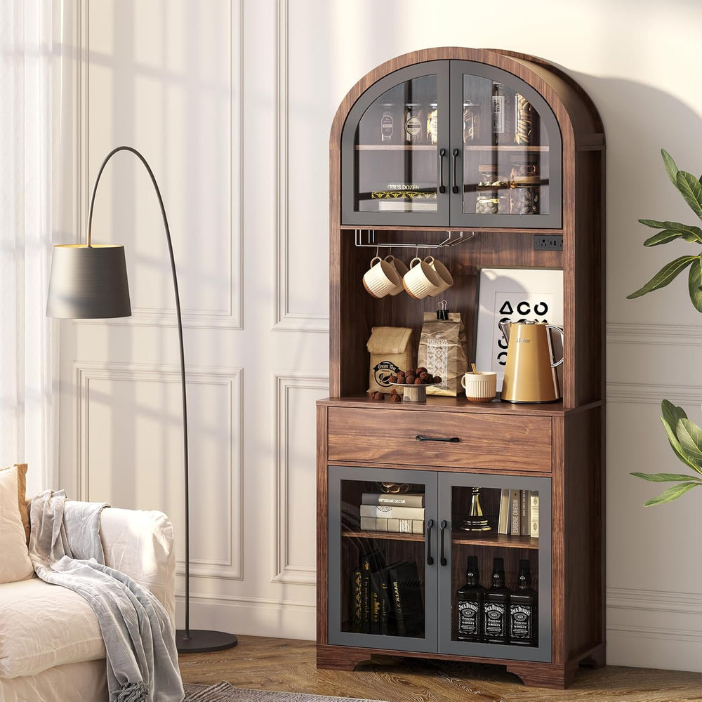 75" Tall Arched Pantry Cabinet with Charging Station & LED Light, Ki...