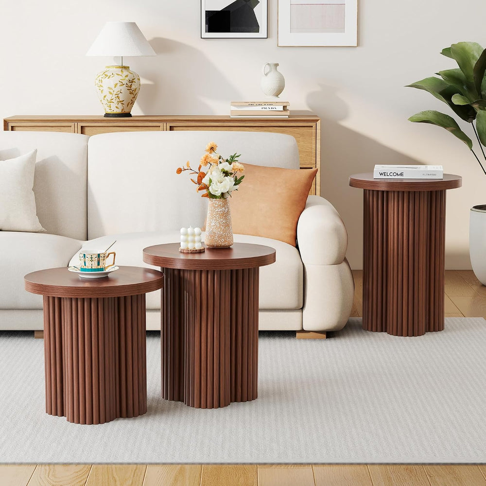 Nesting Coffee Table Set of 3, Fluted Round Nesting Tables Mid Century Modern...
