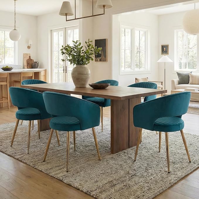 Teal Velvet Dining Chairs Gold Legs, Modern Dining Room Chairs with Arms Set of 6 Upholstered Accent Chair Armchair with Barrel Back for Kitchen Living Room