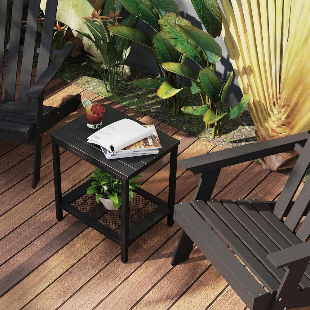 Outdoor Side Table with Storage 2-Tier Patio End Tables Black | Outdoor Accen...