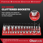 Olsa Tools Magnetic Socket Organizer (3/8-Inch Drive, 3 Row) - Magnetic Tool Organizer & Holder - SAE Red - Holds 39 Sockets - Professional Grade - Part: 1547