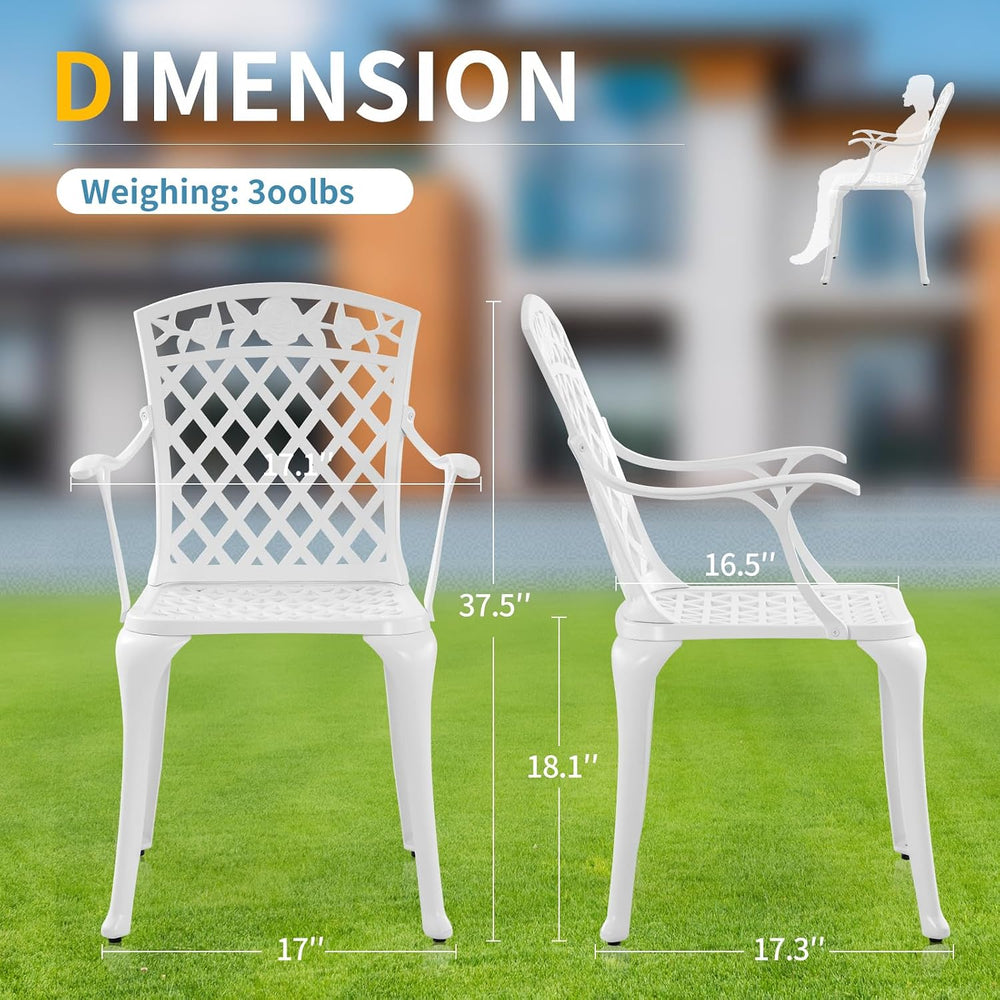 Outdoor White Cast Aluminum Arm Chair, Set of 2 Patio Dining Chairs, All-Weat...