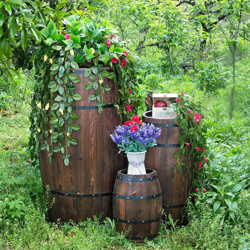 Rustic Whiskey Wine Barrel Side Table with Metal Bands, Solid Wood Barrel Acc...
