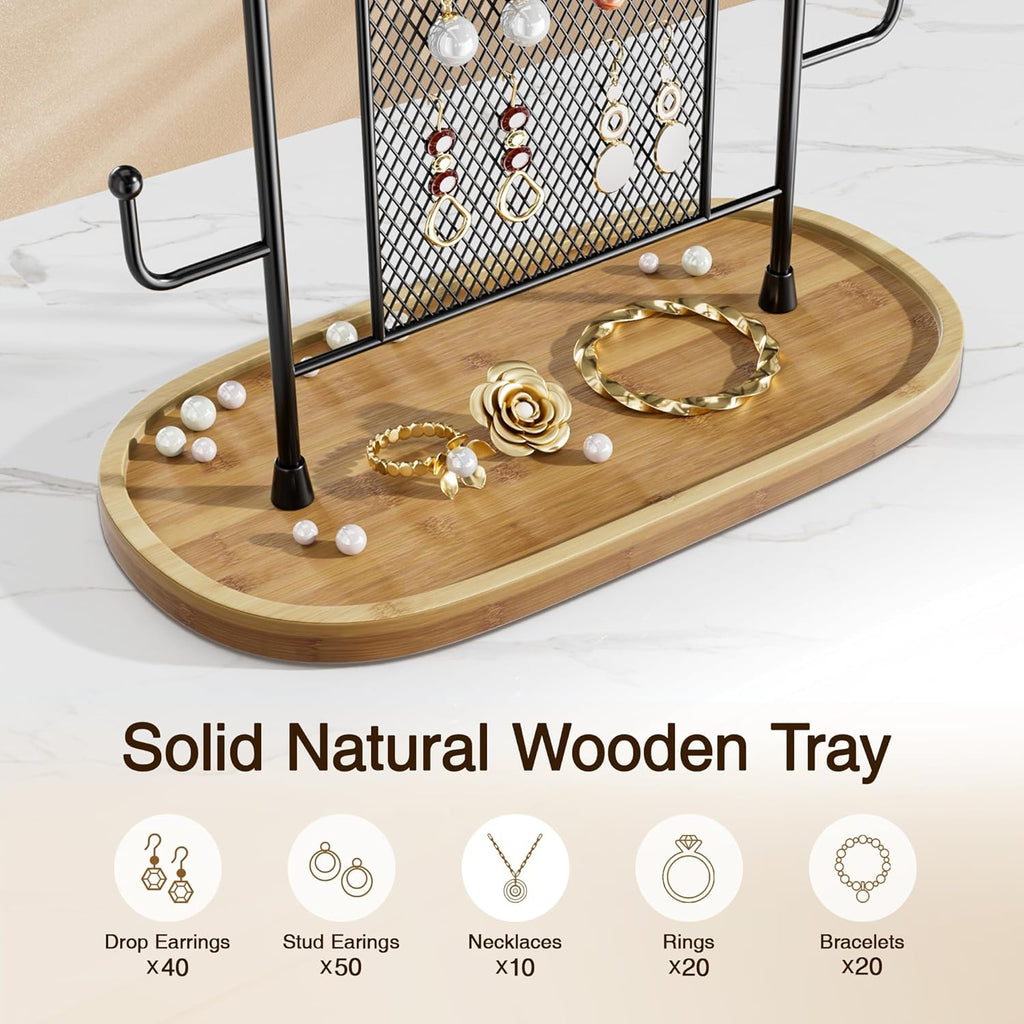 Jewelry Holder Organizer Earring Display - Stands Earring Storage Earring tree Hanger Jewelry Towers Rack with 6 Hooks 300 Stud Holes Wood Tray for Necklaces Bracelets Rings