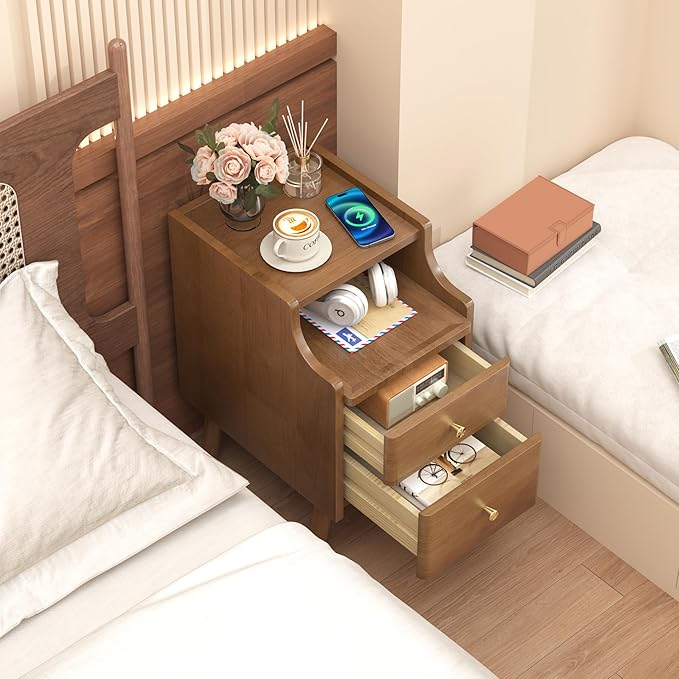 Narrow Nightstand, Solid Wood Night Stand with 2 Drawers, Walnut Mid Century Modern Nightstand, Small Beside Table with Open Storage Shelf for Bedroom（12 inch