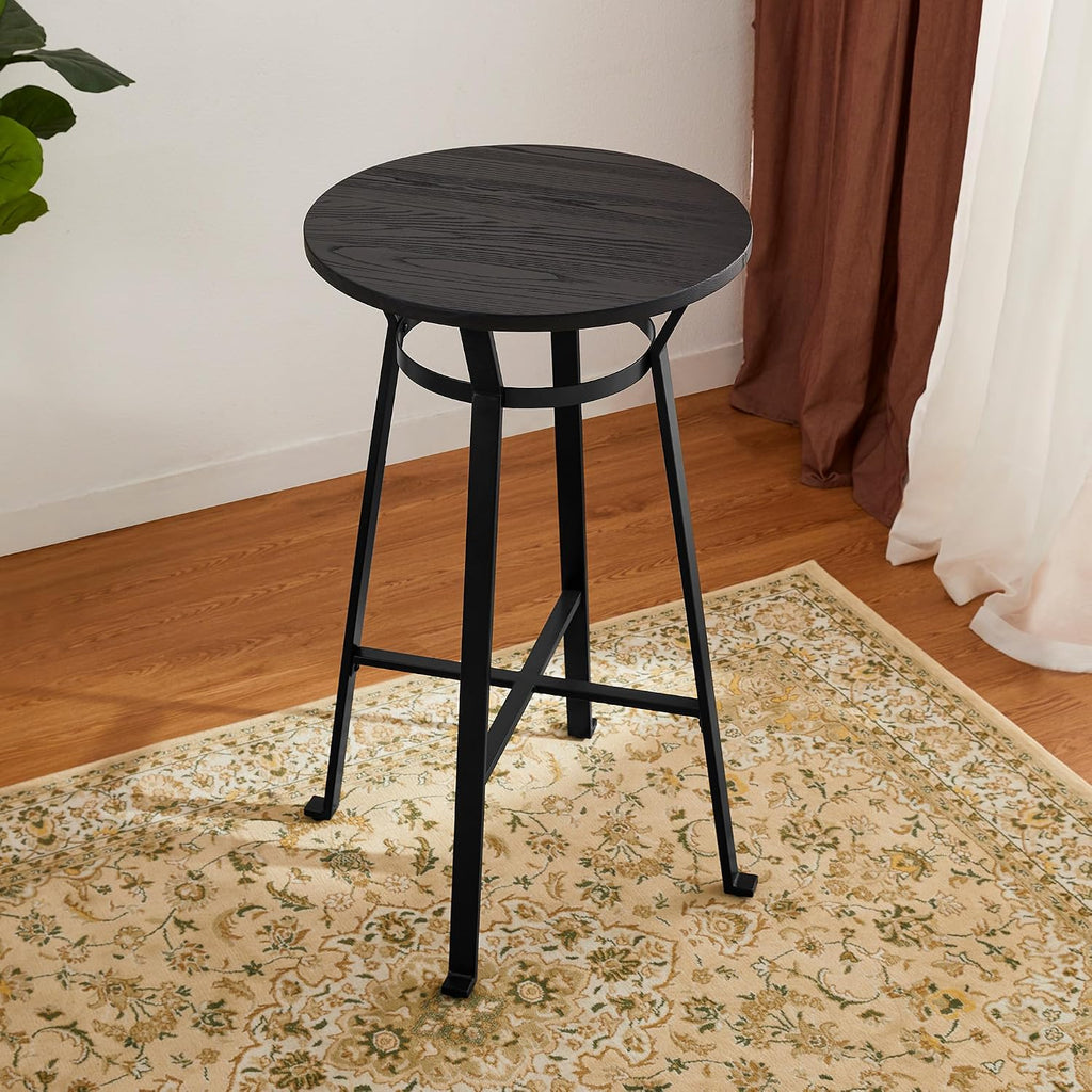 Glitzhome Bar Table and Chairs Set, Round Black Steel Pub Table with Soild Elm Wood Top and Bar Height Adjustable Swivel PU Leather Bar Stool for Breakfast Nook Living Room Small Space Restaurant