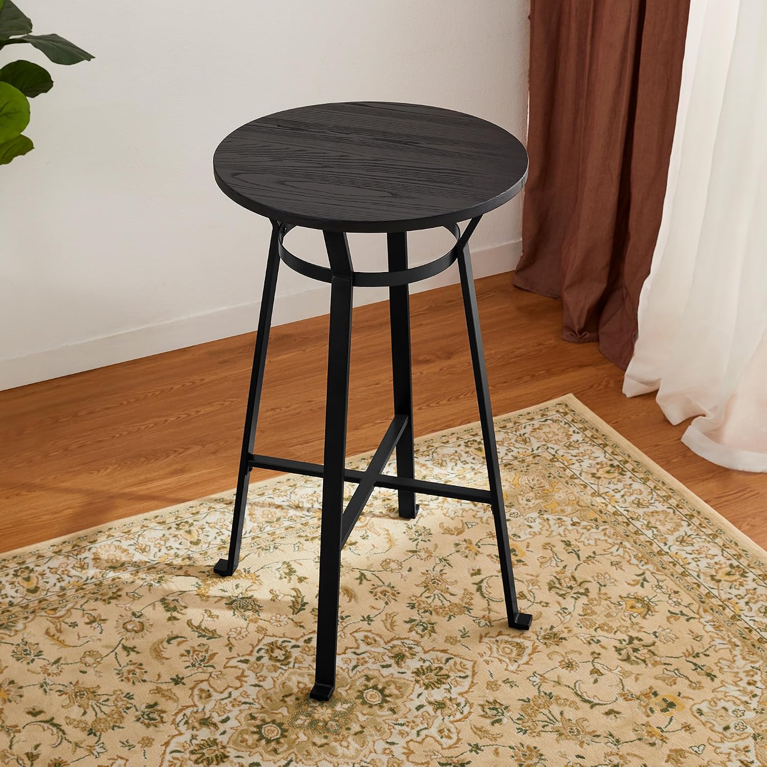 Glitzhome Bar Table and Chairs Set, Round Black Steel Pub Table with Soild Elm Wood Top and Bar Height Adjustable Swivel PU Leather Bar Stool for Breakfast Nook Living Room Small Space Restaurant