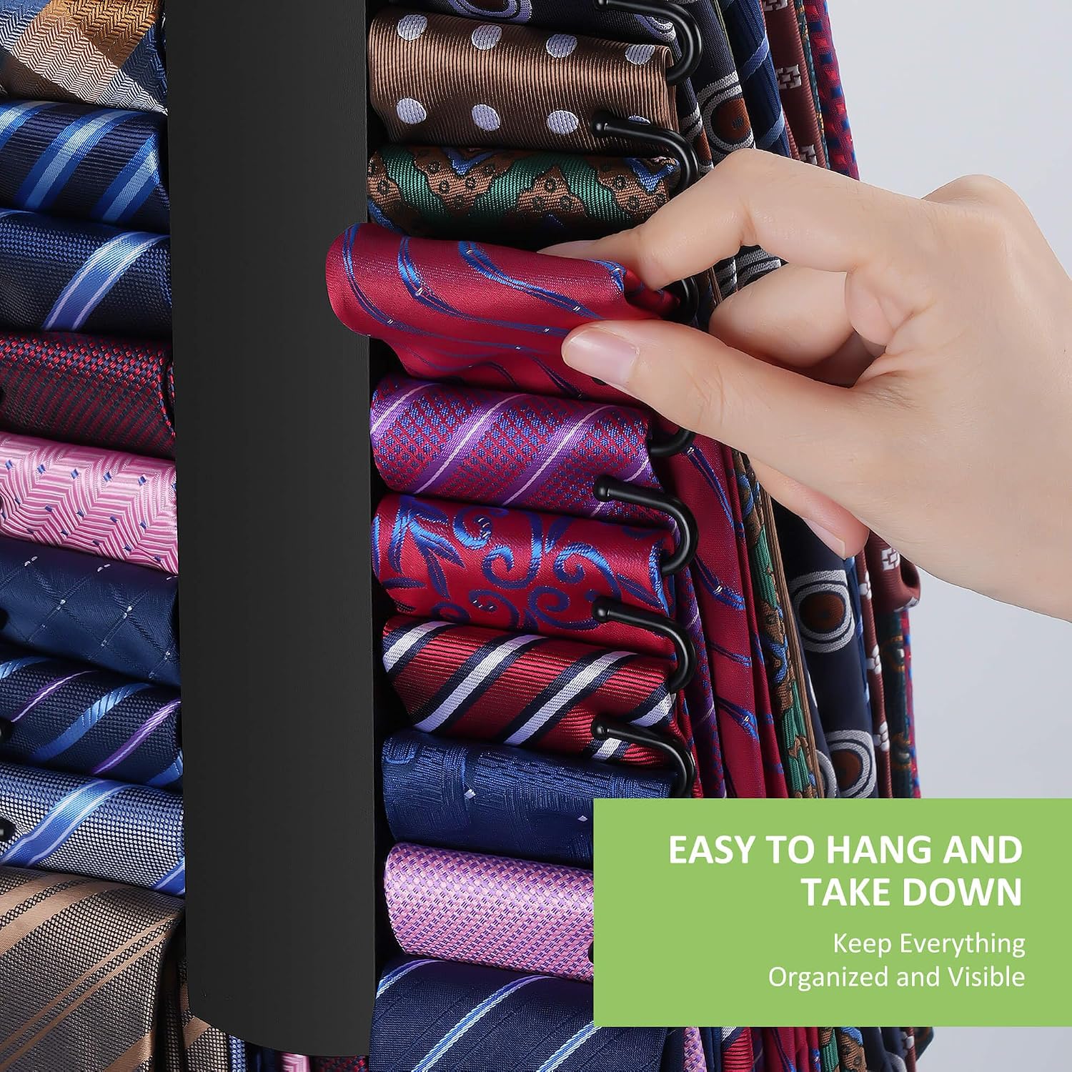 Upgraded Tie Rack Hanger for Closet with 30 Metal Hooks, Space Saving Necktie Organizer for Men, Sturdy Wooden Large Capacity Tie Holder, Closet Organizers and Storage, Black