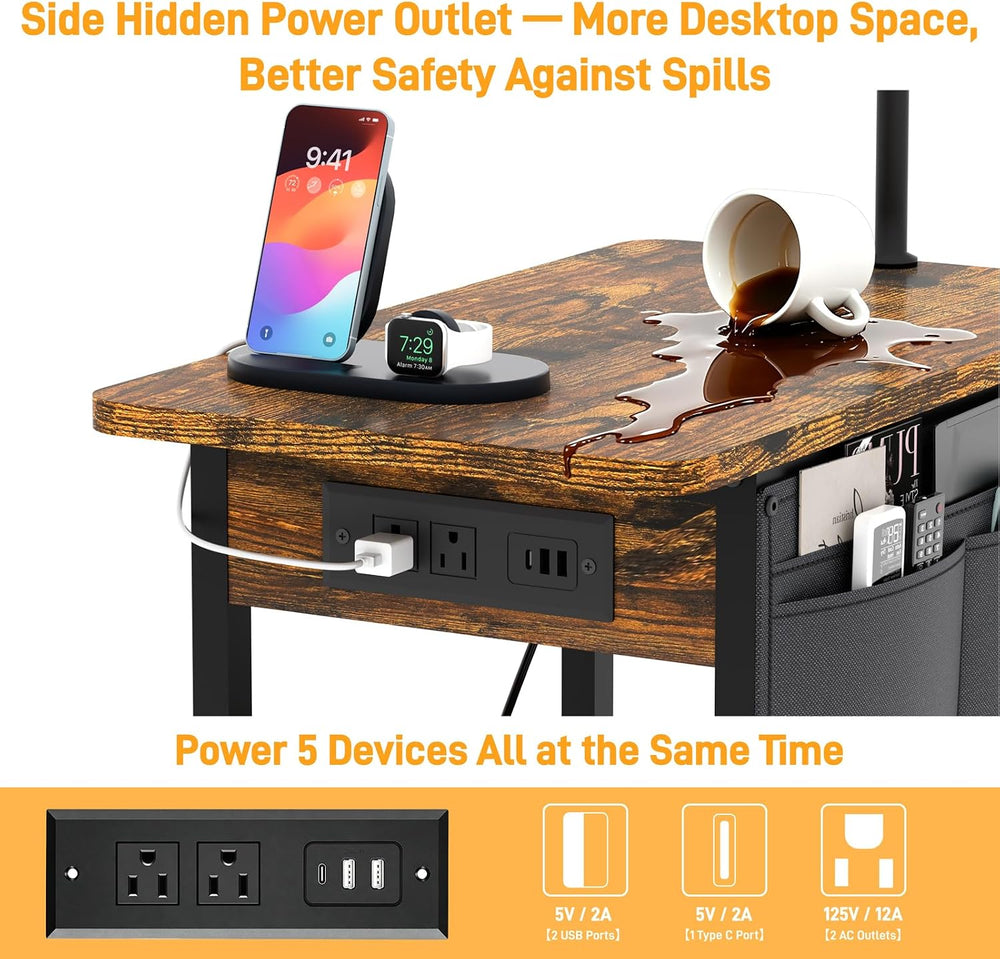 Floor Lamp with Table, Nightstand with Lamp, 2 Drawers, Charging Station