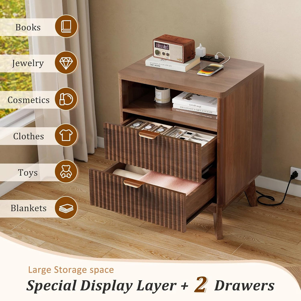 LYNCOHOME Fluted Nightstand with Charging Station, 19.7 inch Wide End Table w...