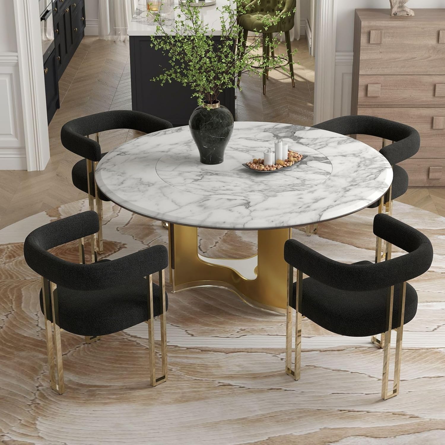 Hyfirm Set of 4 Modern Black Boucle Dining Chairs with Gold Metal Legs, Mid Century Accent Upholstered Barrel Armchairs with Open-Back for Kitchen, Dining Room, Living Room, Apartment