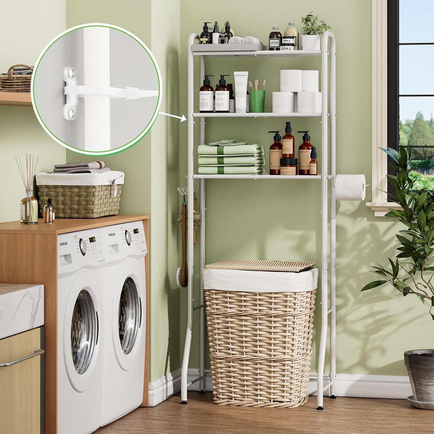 Simple Trending Over The Toilet Storage Rack, Metal 3 Tier Bathroom Organizer Shelf with Paper Holder and 3 Hooks, White