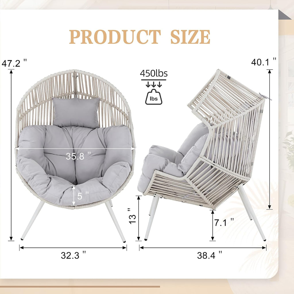 Vongrasig Outdoor Wicker Egg Chair PE Rattan Chair with Cushion, Oversized Patio Lounge Chair for Outdoor, Indoor, Balcony, Backyard, Garden, Grey/Beige Rattan