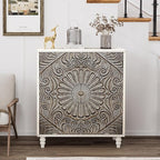 COSIEST 32" W Sideboard Buffet Cabinet with Storage, Accent Cabinet with 2 Push-to-Open Magnetic Doors, Vintage MDF Buffet Table for Living Room, Kitchen, Hallway (Gray,Flower Pattern)