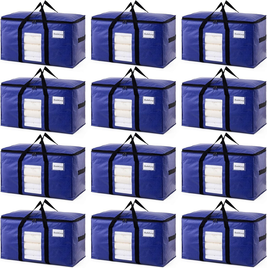 TAILI 12 Pack Dark Blue Extra Large Moving Bags, Heavy Duty Totes with Visible Window, Wrap Around Handles, Great for Space-Saving