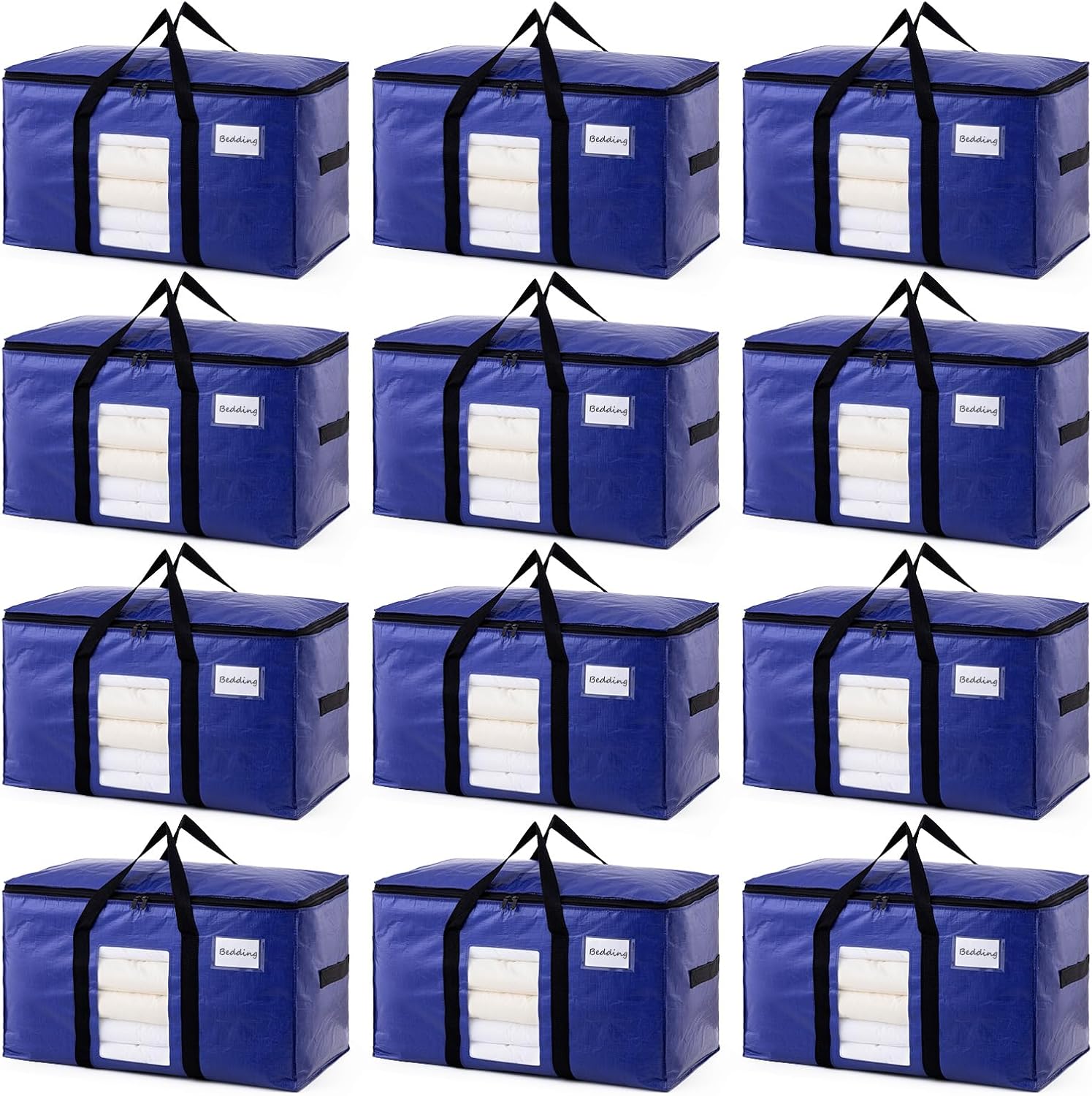 TAILI 12 Pack Dark Blue Extra Large Moving Bags, Heavy Duty Totes with Visible Window, Wrap Around Handles, Great for Space-Saving