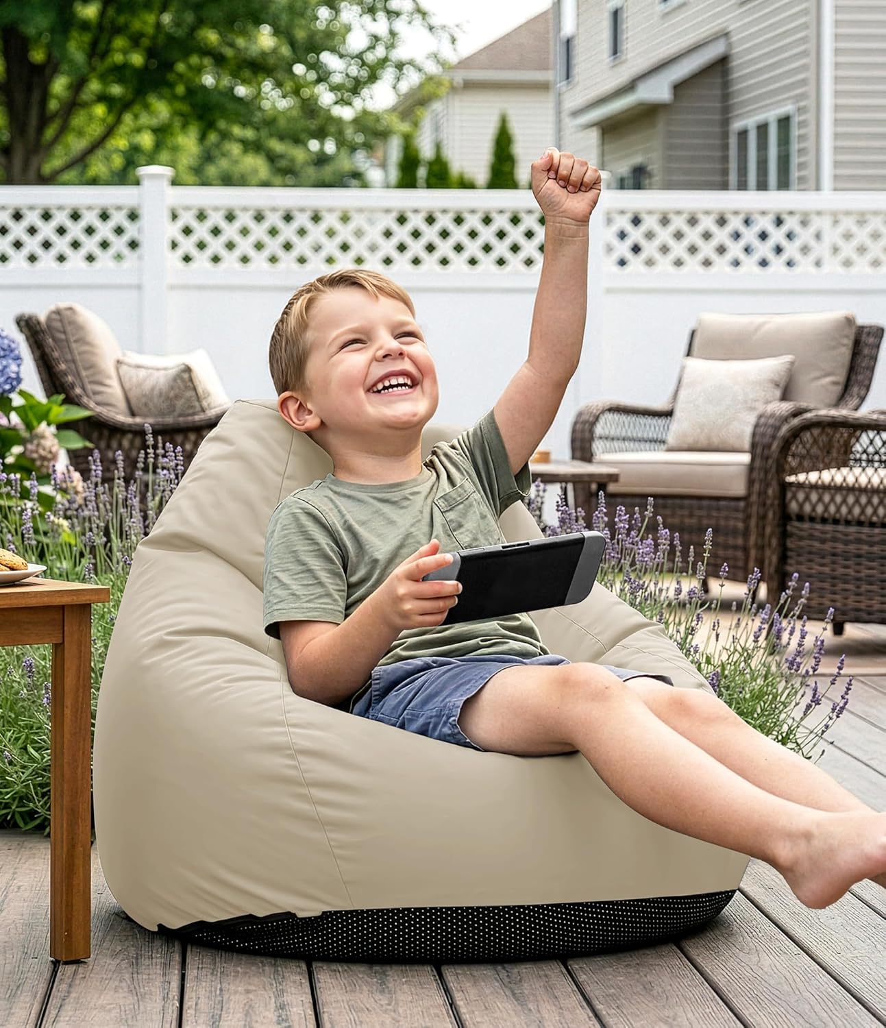Outdoor Kids Bean Bag Chair with Shredded Foam Filling, Beige | For Patio Classroom Relaxing, Splash-Proof Detachable Zipper Cover with a Handle, Small Child Beanbag Reading Sofa Chair