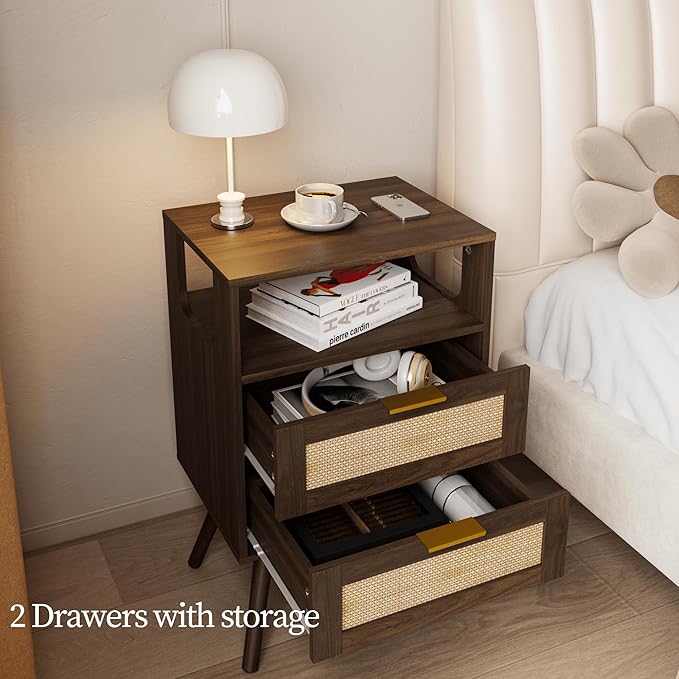 Rattan Nightstand,Farmhouse Bedside Table with 2 Storage Drawer and Open Wood...