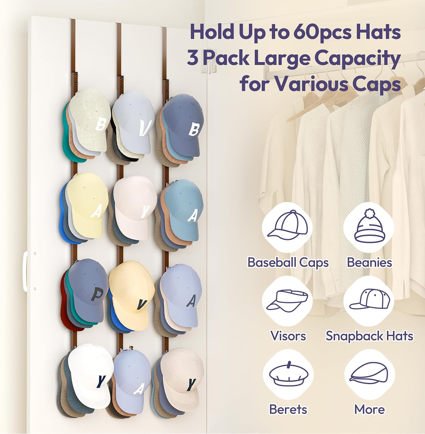 SWTYMIKI Over Door Hat Rack - 3 Packs Metal Hanging Hat Organizer with 12 Hooks Design, Baseball Cap Hanger Organizer Storage Holds up to 60 Caps for Door, Bedroom, Closet