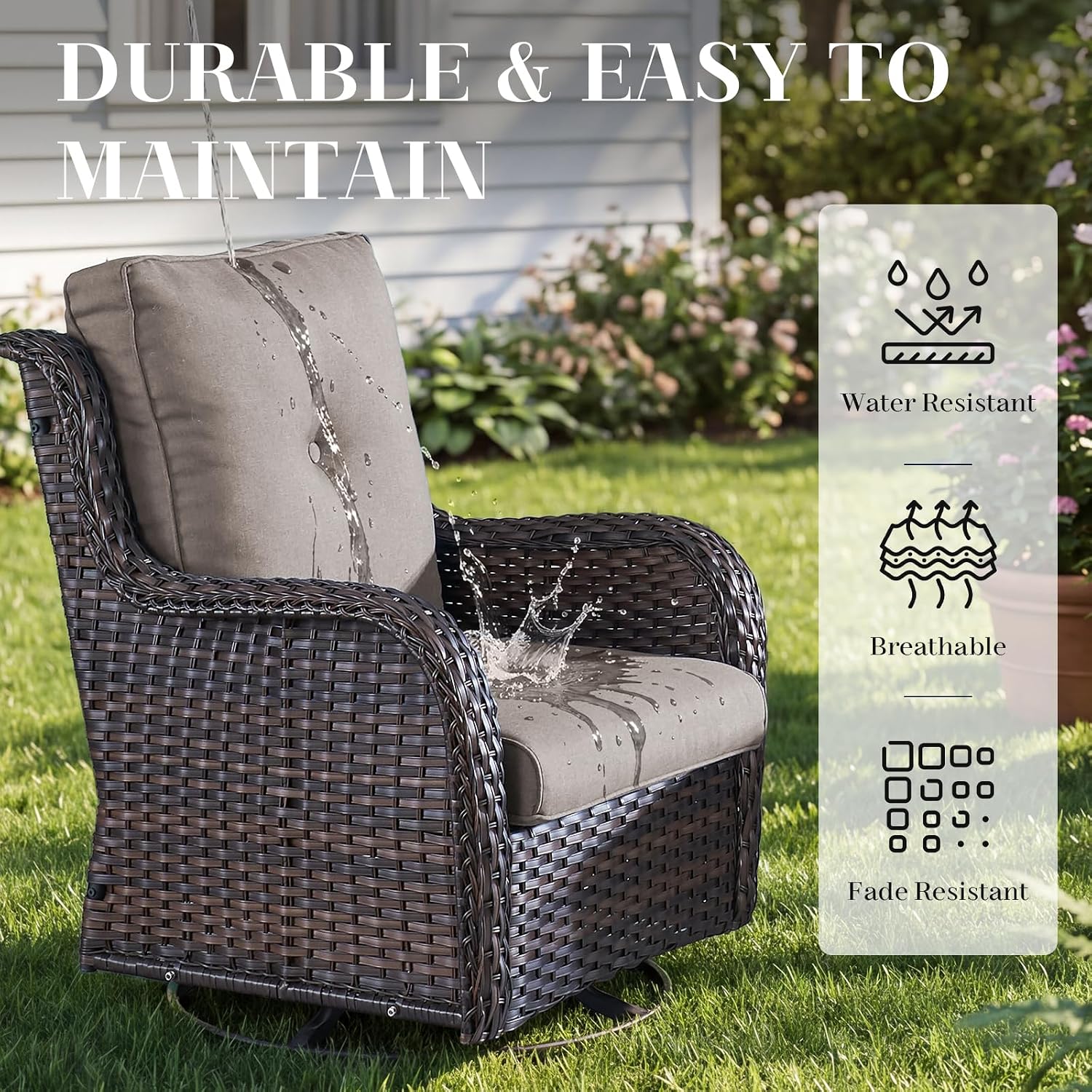 Wicker Rocking Chair Swivel Chairs - 4 Piece Rocker Patio Chairs Set Rattan Rocking Chair for Outdoor Porch Deck Garden Backyard(Brown/Grey)