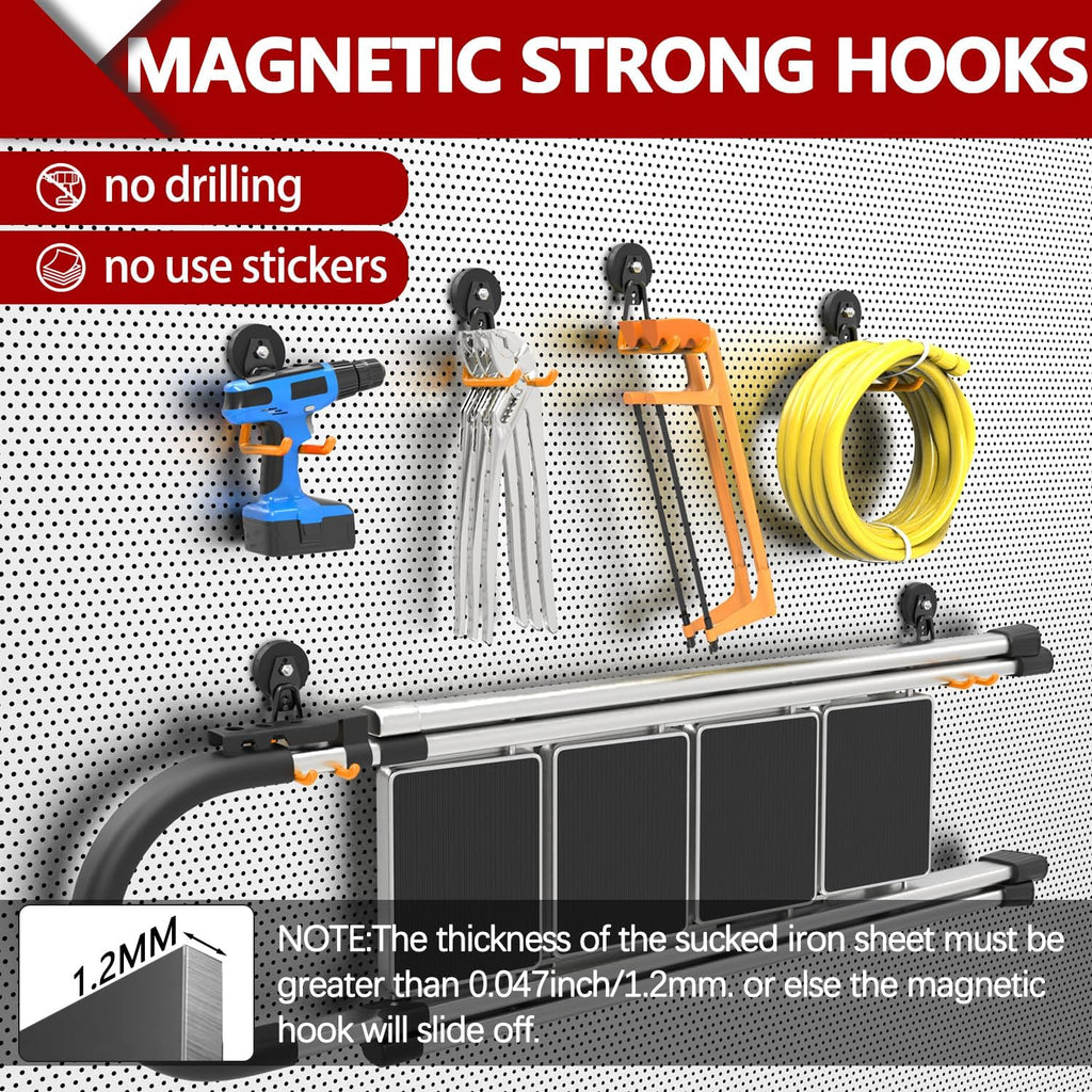 3-H Heavy Duty Magnet Garage Hooks 4 Pack, Extra Large Strong Magnetic Hooks for Hanging Cordless Power Drill, Utility Magnetic Tool Holder for Metal Cabinet, Steel Pegboard, Toolbox, Garage(Orange)
