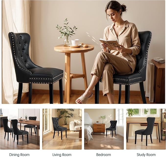 SyMax Dining Chairs Set of 4, Faux Leather Parson Dining Room Chairs, High-End Tufted Kitchen Side Chairs for Bedroom, Living Room, Black