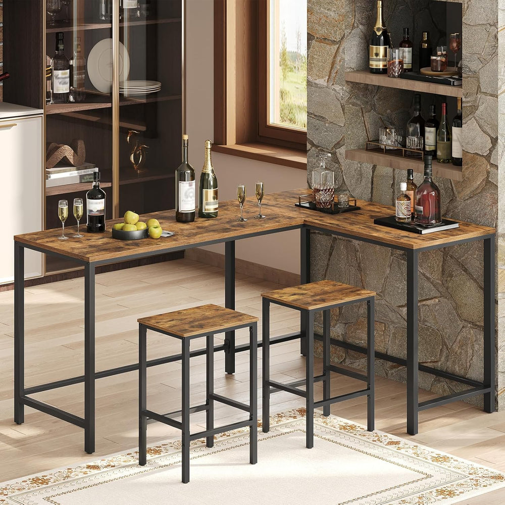 YATINEY L-Shaped Bar Table Chairs Set, 78.7" Bar Height Table and 2 Chai...