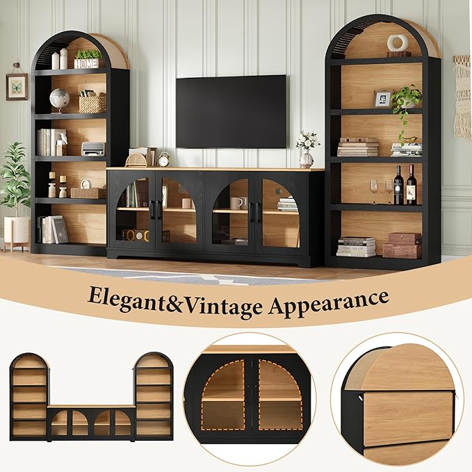 3-Piece Farmhouse TV Stand Set with Bookshelf for TVs Up to 70", Two-Tone Wood Grain Entertainment Center with Arched Design, Retro Sideboard with Tempered Glass Doors for Living Room (Black+Walnut)