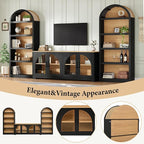 3-Piece Retro TV Stand Set with Bookshelf, Entertainment Center with Arched Design for TVs up to 70'', Farmhouse Media Console with Tempered Glass Doors for Living Room, Black