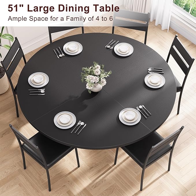 51'' Round Dining Table,Kitchen Dining Room Circle Dinner Pedestal Table,Space Saving Wood Kitchen & Dining Room Furniture (Black, 51In)