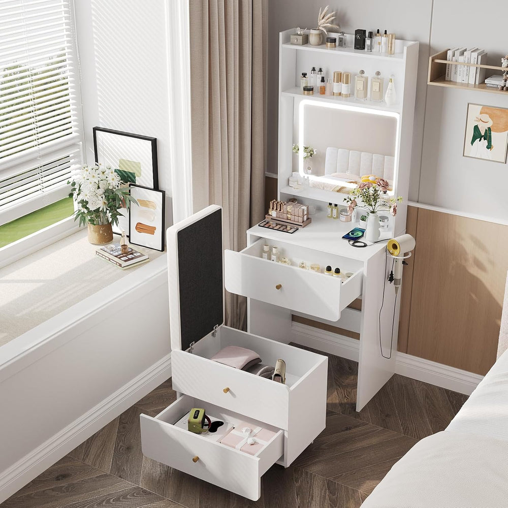 Make Up Vanity Desk with Mirror and Lights,Small Vanity With Storage Chair | ...