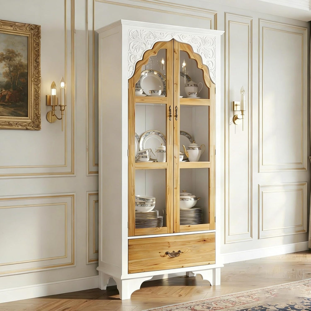 70.9" H Tall Kitchen Pantry with Glass Doors, Shelves & Drawer, Curi...
