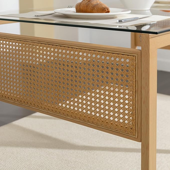 COSVALVE Boho 47 in Dining Table, Tempered Glass Tabletop with Rattan, Metal Legs, for Kitchen Dinner Living Room Reception