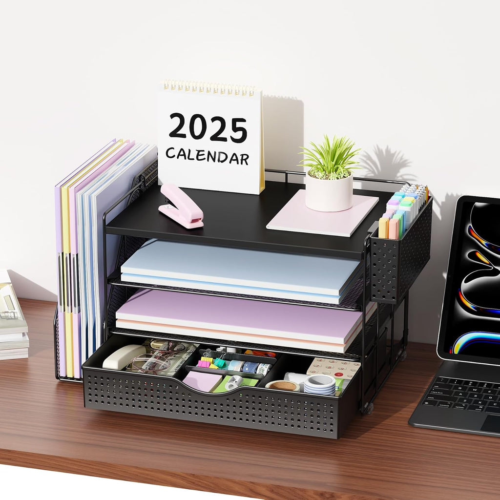 gianotter Wood Desk Organizers and Accessories with File Holder, 4-Tier Desk Accessories & Workspace Organizers with Drawer and Pen Holder, Paper Organizer for Office Supplies (Black)