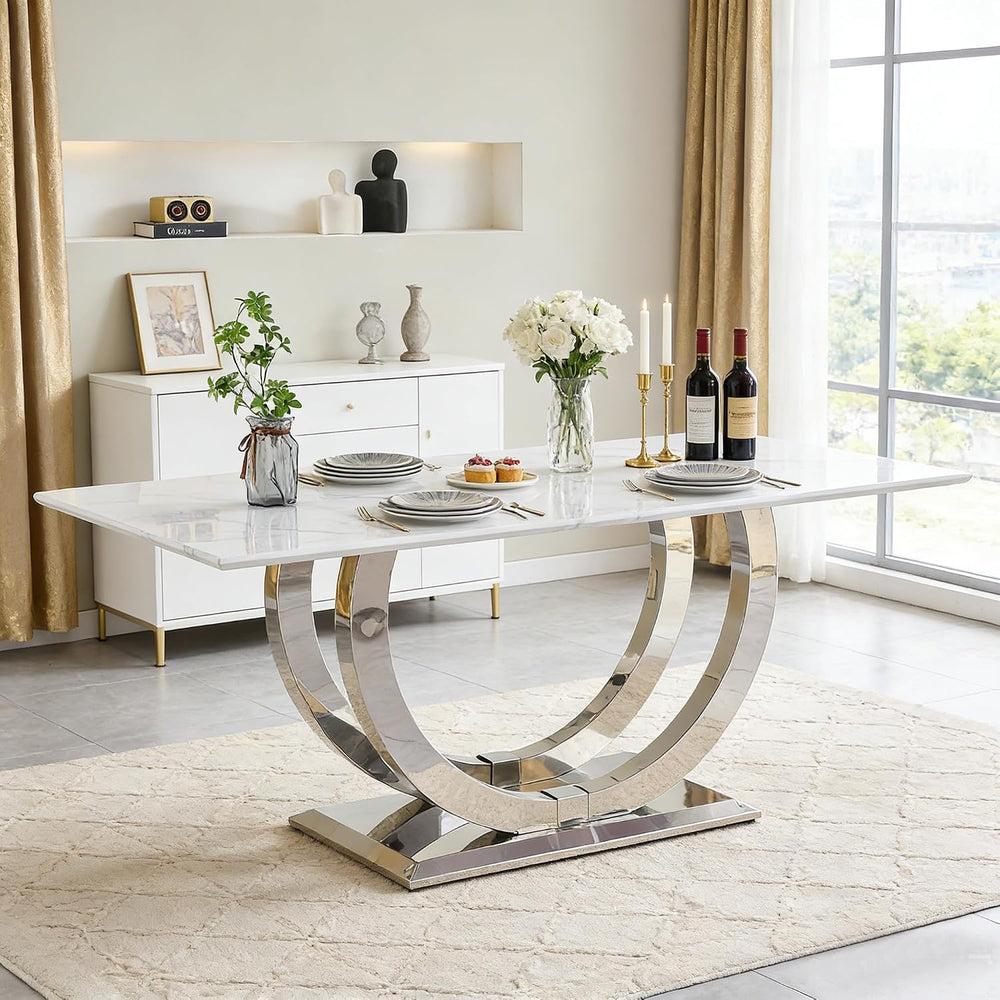 69.3" White Marble Dining Table for 6-8, Luxury Rectangular Kitchen Tabl...