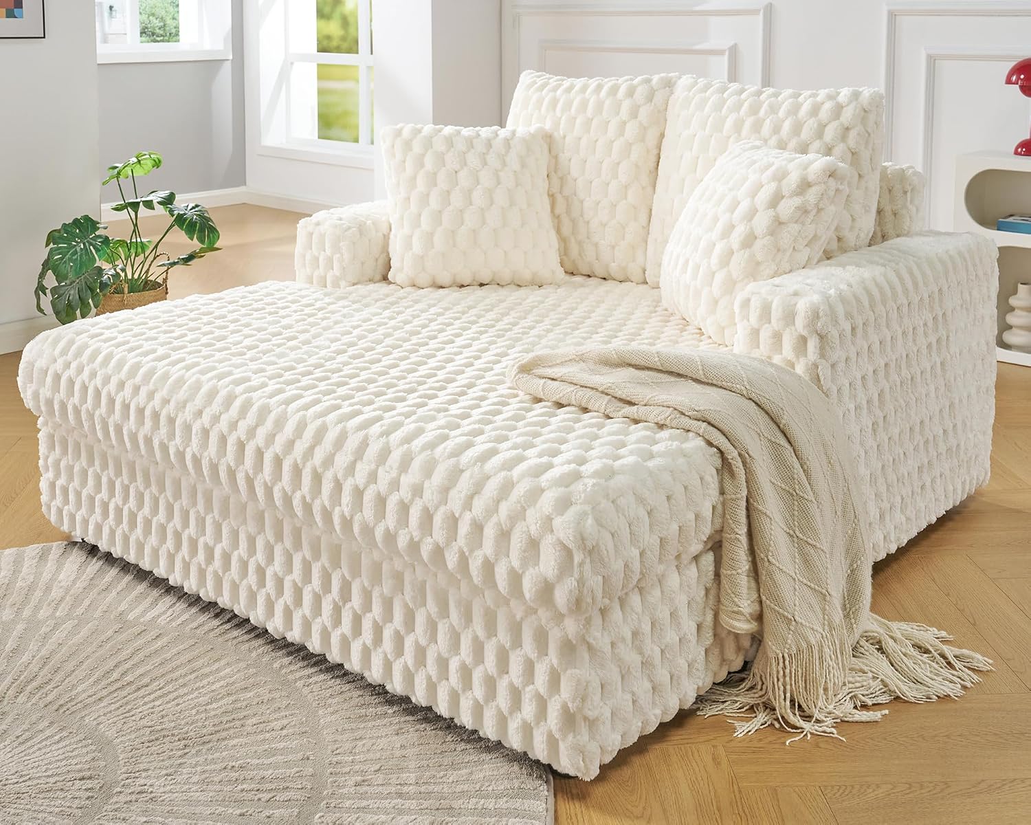 Jocisland 58 Inch Oversized Chaise Lounge, Plush Sofa Bed with Throw Pillows and Armrests, Upholstered Sleeper Chair- Comfy Chair Bed for Living Room, White