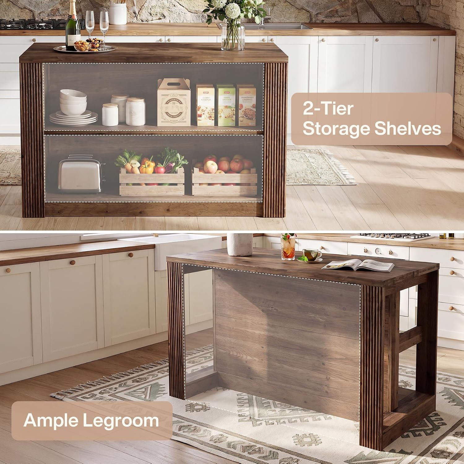 55" Solid Wood Kitchen Island Table with Storage | Farmhouse Island Table with 2-Tier Open Shelves, Sturdy Counter Height Bar Table for Kitchen, Dining Room, Rustic Brown