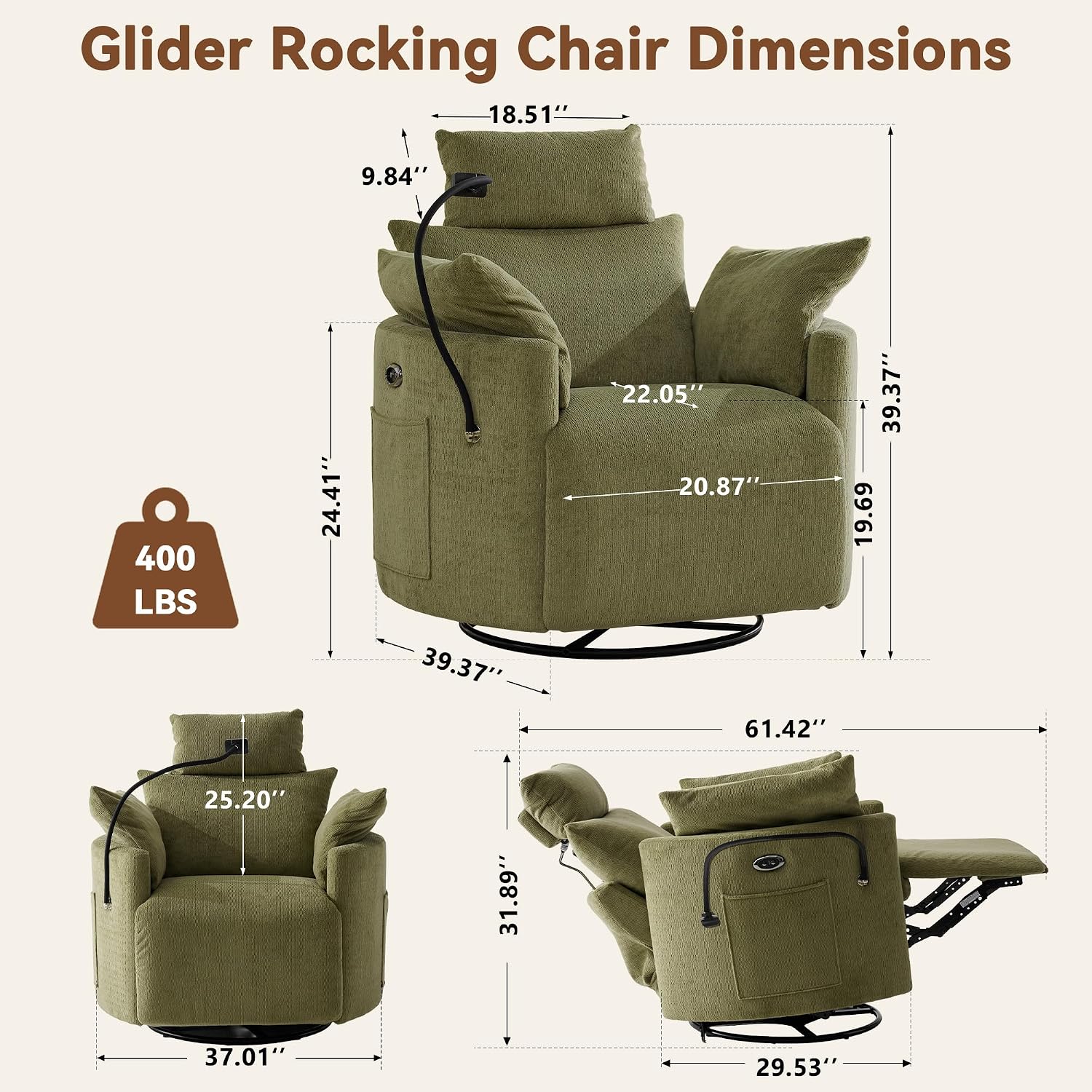 FOXHUNTER 300° Swivel Power Nursery Rocking Glider Chairs, Chenille Green | 30° Rocking Mode, USB Charging Port, Phone Holder, Adjustable Headrest, 2 Cushions, 2 Side Pockets, for Living Room Bedroom