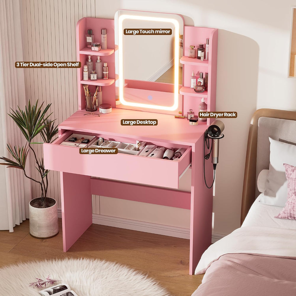 Small Vanity Desk with Mirror and lights,Pink Makeup Vanity for Girls Kid | C...