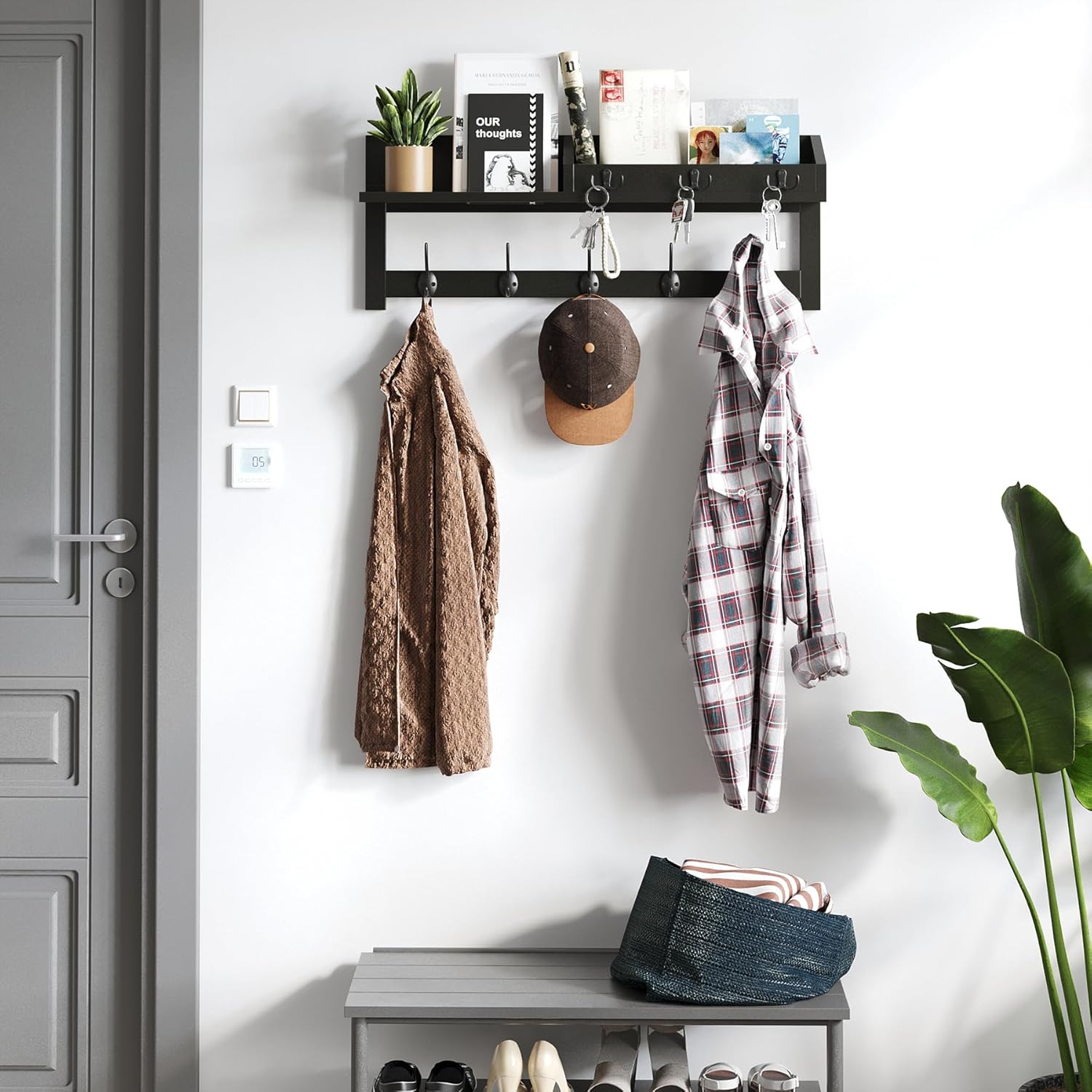 AMBIRD Wall Hooks with Shelf - 26.57" Entryway Wall Hanging Shelf Wood Coat Hooks and Key Holder (Black)
