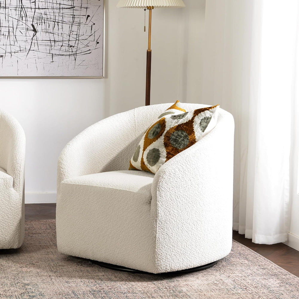 KINWELL 32" Wide No Assembly Boucle Swivel Barrel Chair, White