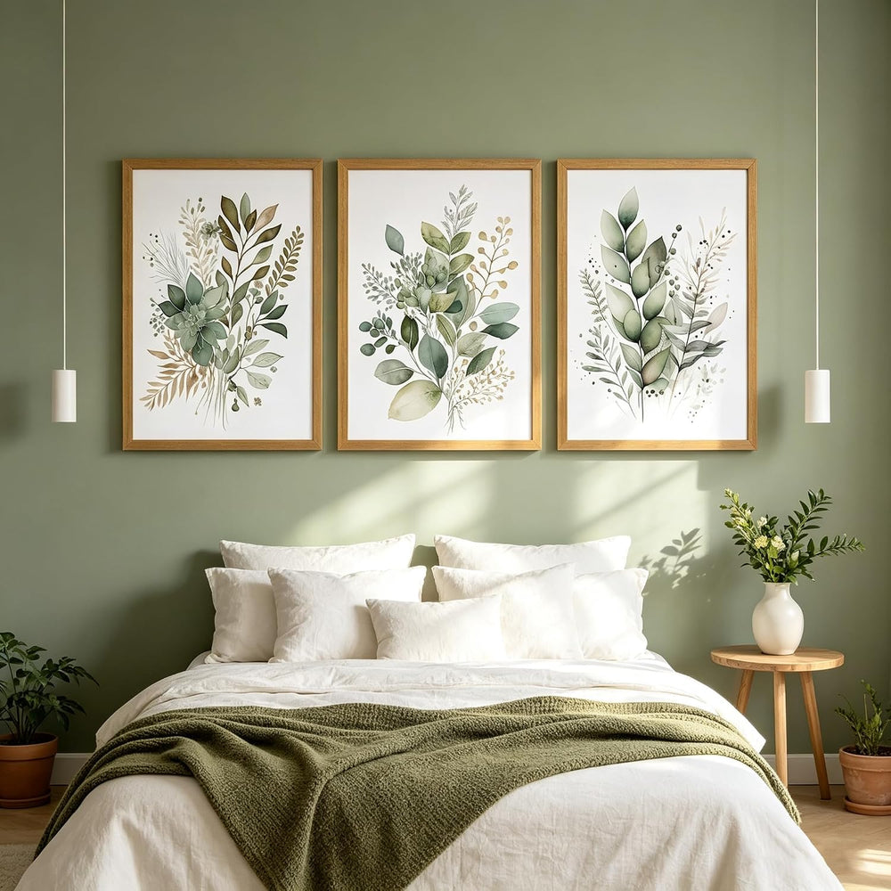 Sage Green Botanical Wall Art Set of 3, Modern Watercolor Eucalyptus Leaf Can...