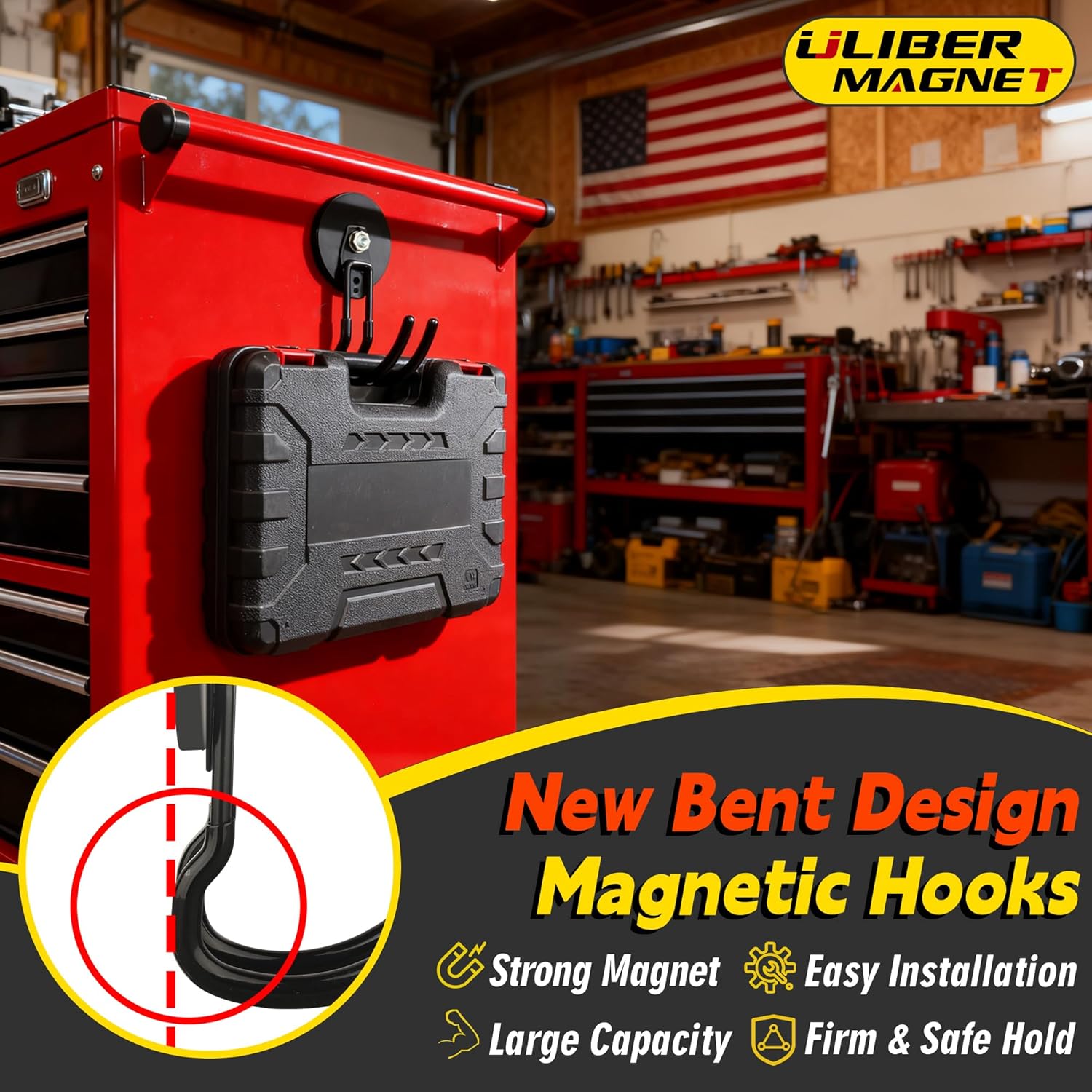ULIBERMAGNET New Upgraded Extra Large Magnetic Hooks,2 Pack Heavy Duty Ultimate Magnetic Hooks for Metal Cabinet,Pegboard,Garage Shelve,Tool Shed,RV,Shipping Containers (Black/3.46inch)