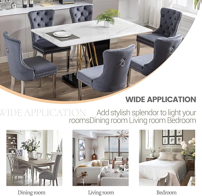 KCC Velvet Dining Chairs Set of 2, Upholstered High-end Tufted Dining Room Chair with Nailhead Back Ring Pull Trim Stainless Steel Legs, Contemporary Nikki Collection Modern Style for Kitchen, Gray
