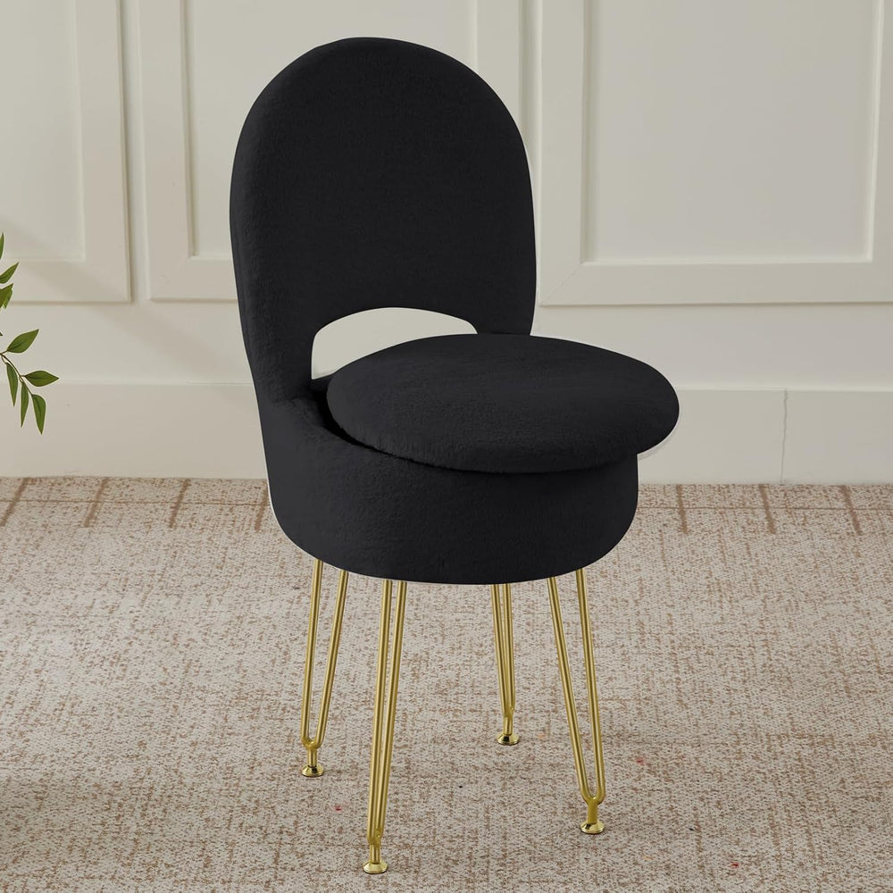 BRIAN & DANY Vanity Chair with Storage and Folding Back, Faux Fur Round S...