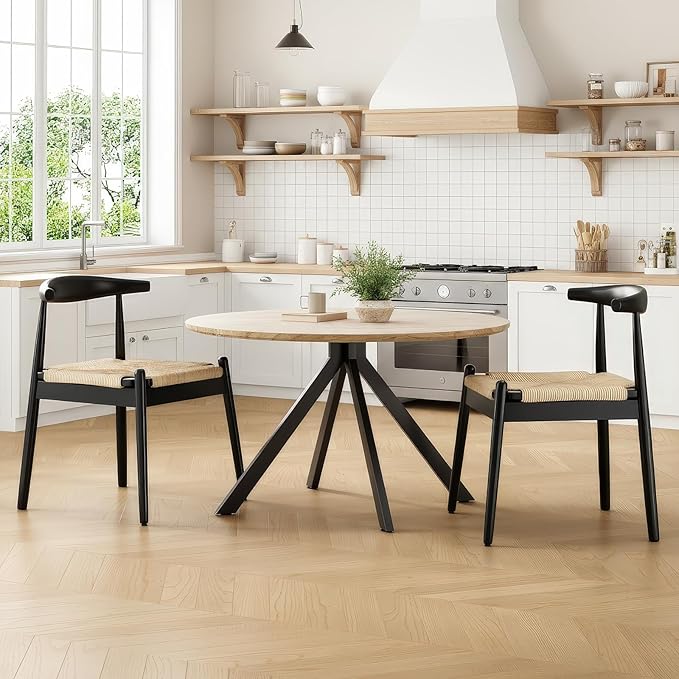 Farini Mid Century Modern Dining Chairs Set of 2, Solid Wood Frame Kitchen Chairs with Woven Upholstered Seat for Dining Room & Breakfast Nook,Black-Beige