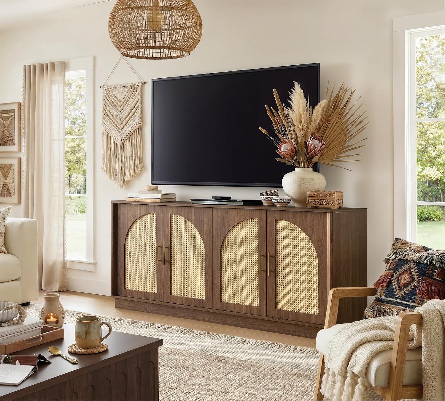 FORTUNETEC 63.8" Sideboard Buffet Cabinet with Storage, Natural Walnut | Accent Cabinet with Arched Doors, Boho Modular Media Console, Credenza for Living Room Kitchen Dining Room Entryway